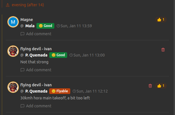 Community condition reports from local pilots showing real flying conditions at Lanzarote paragliding sites